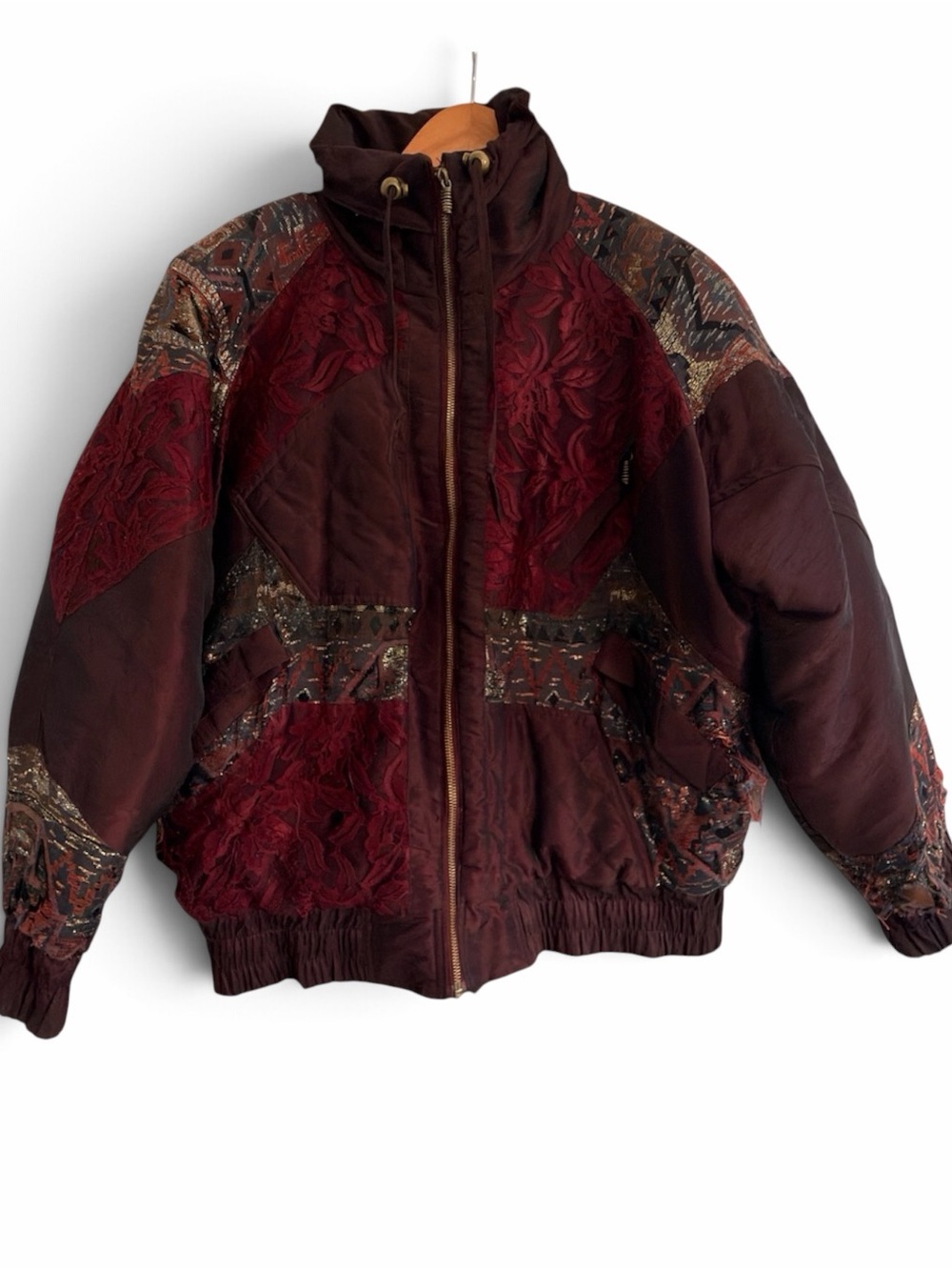 East West | Vintage Burgundy Patchwork Quilted Bomber Jacket